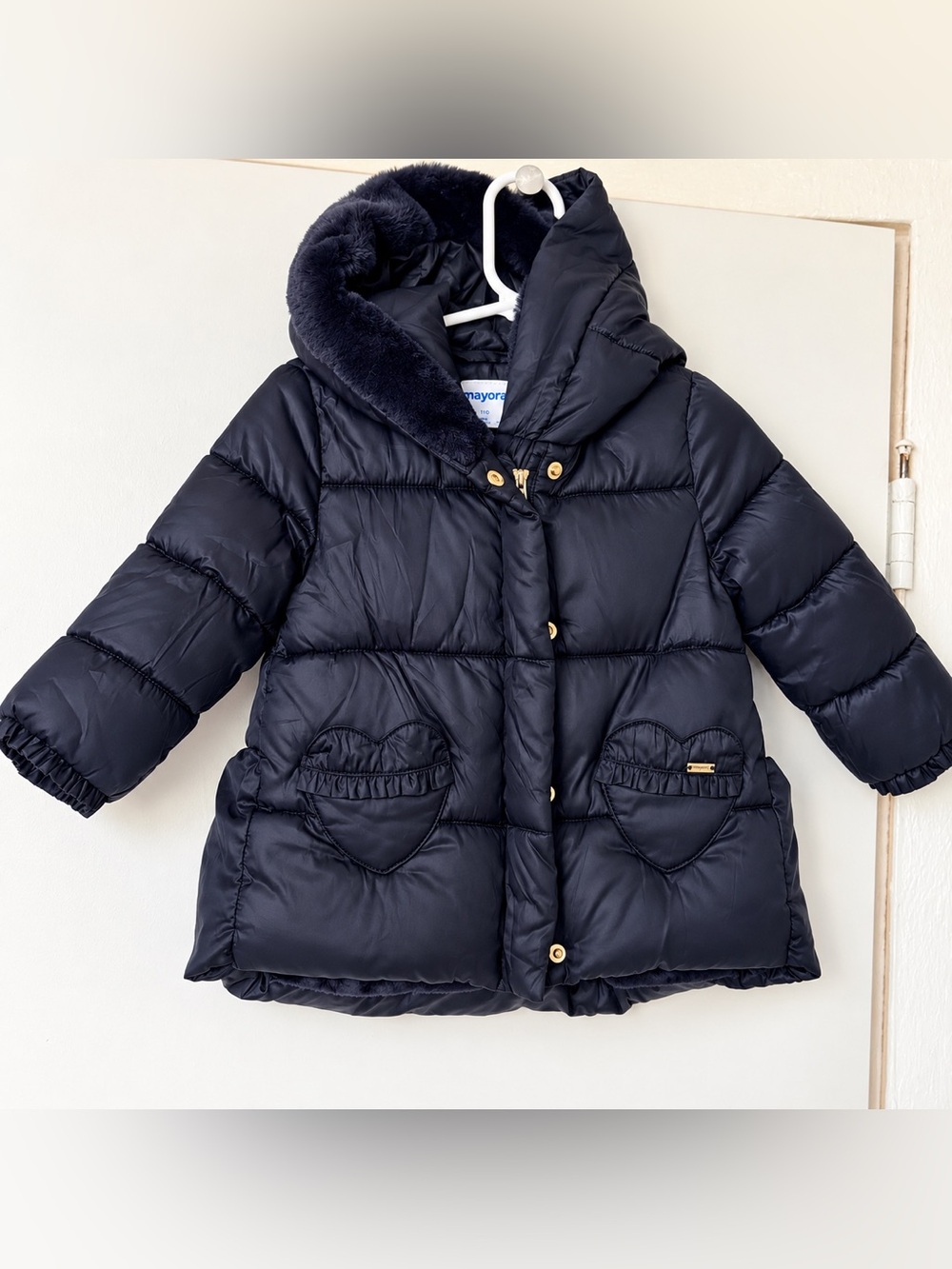 Mayoral Girls' Navy Blue Hooded Puffer Coat with Faux Fur Trim